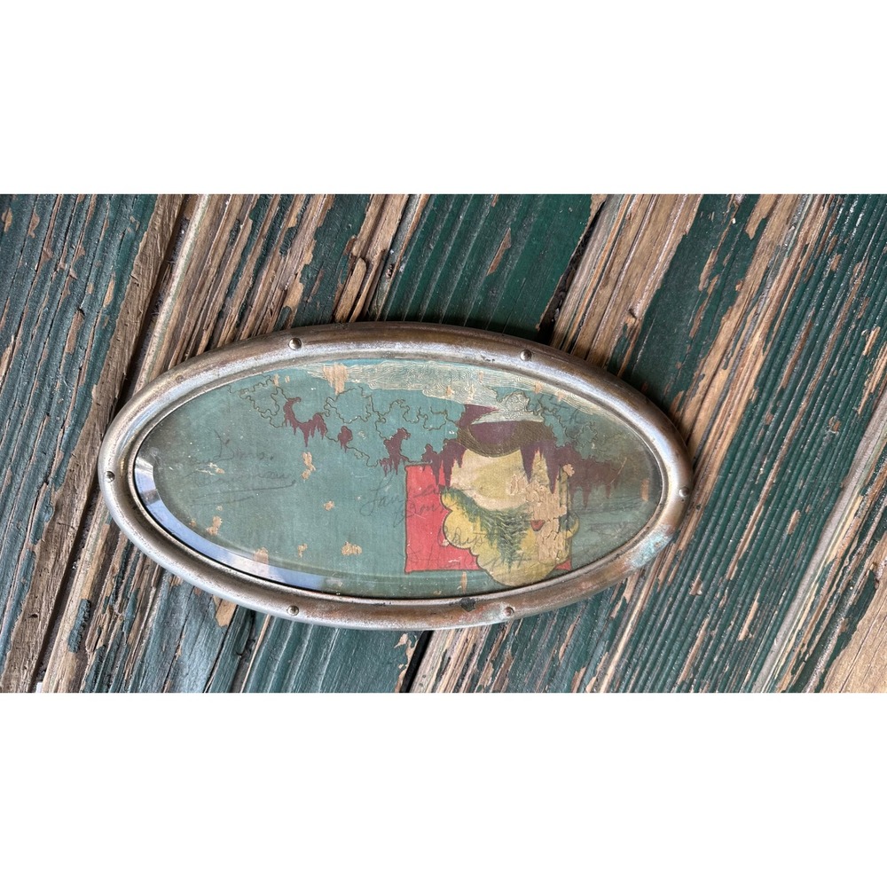 Antique Oval Metal Framed Distressed Art Print Rustic Industrial Decor 6.5in